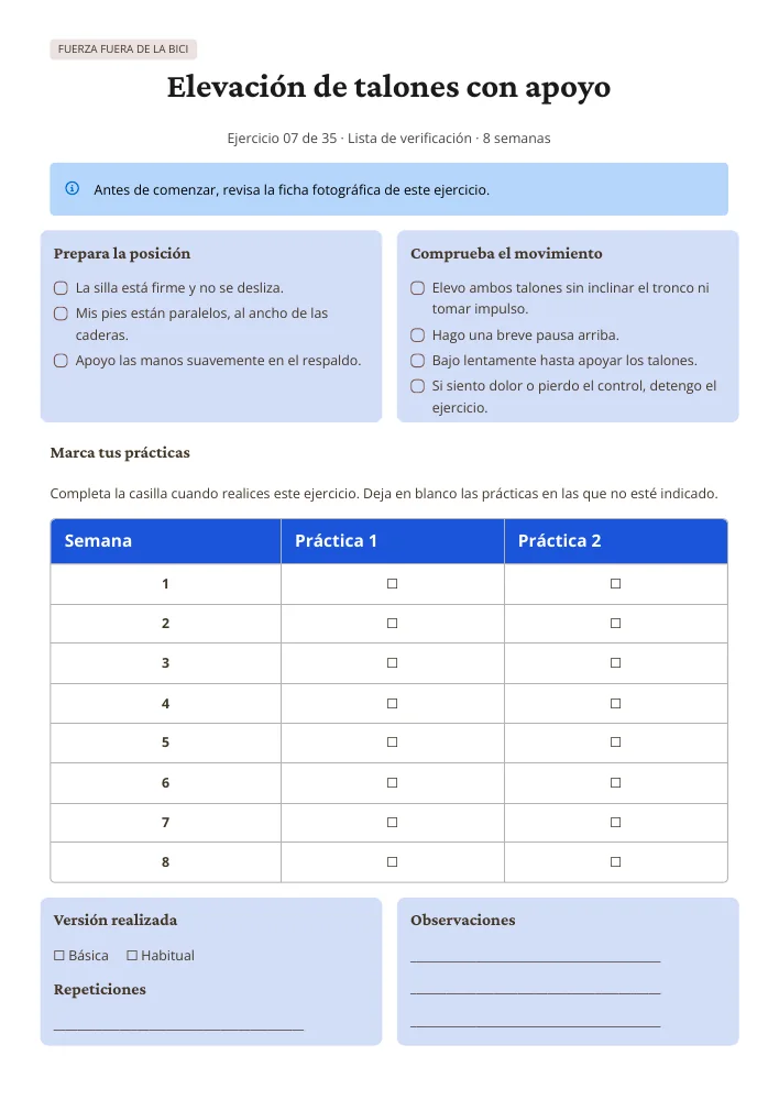 Página real de la lista de verificación del ejercicio 07, con casillas para ocho semanas